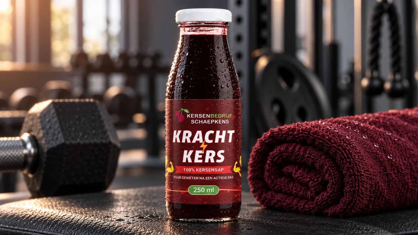 Fles en glas puur kersensap op een houten tafel