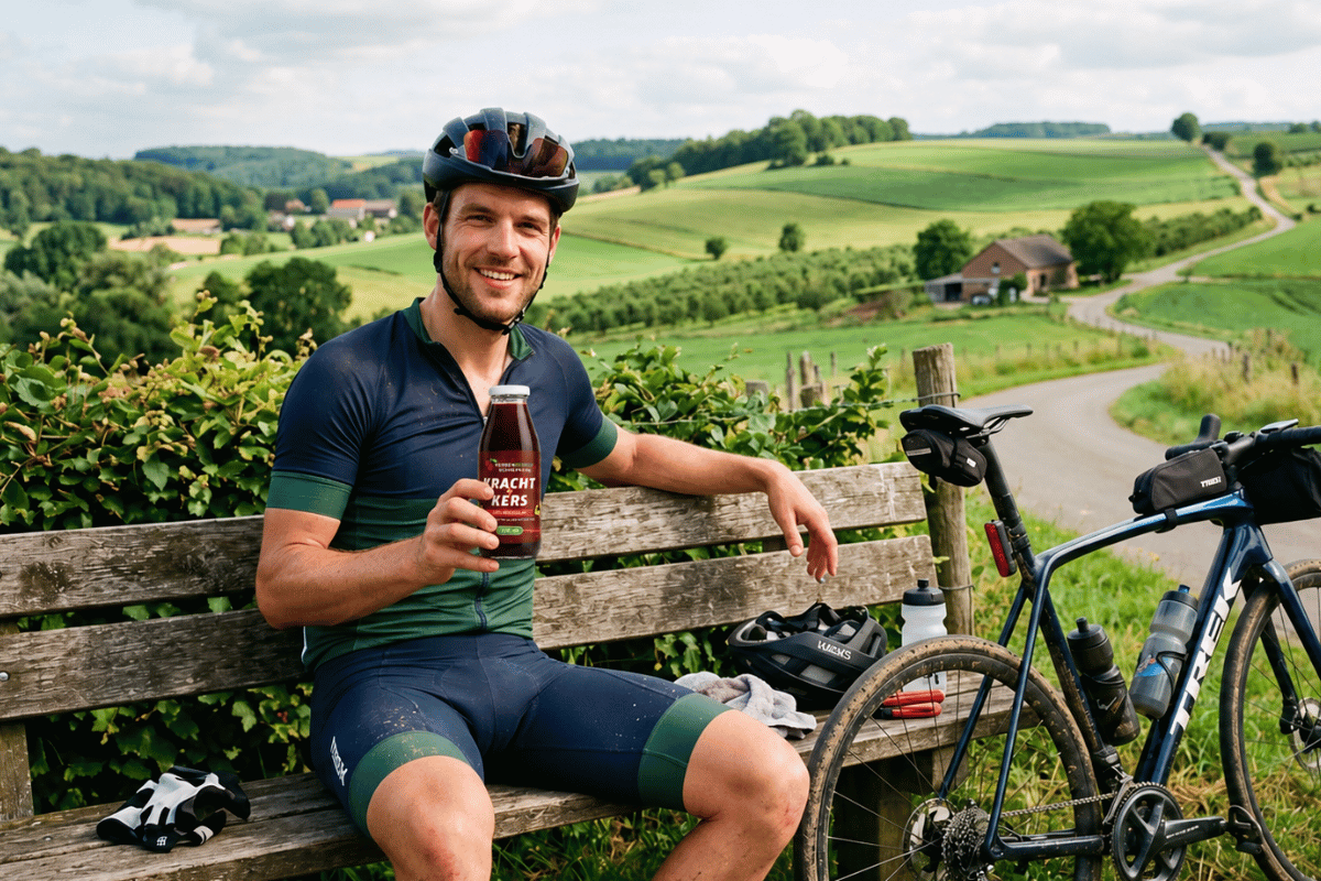 Wielrenner met een fles ambachtelijk kersensap KrachtKers na de training