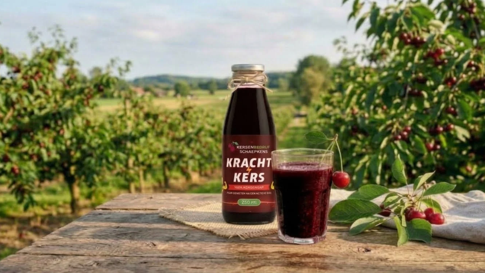 Fles puur kersensap op een houten tafel in de Limburgse kersenboomgaard