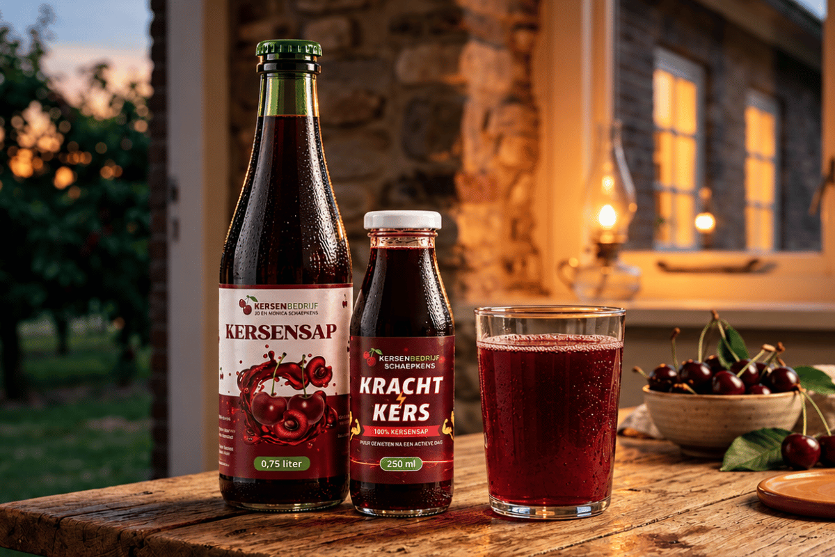 Glas puur kersensap voor het slapen op een nachtkastje