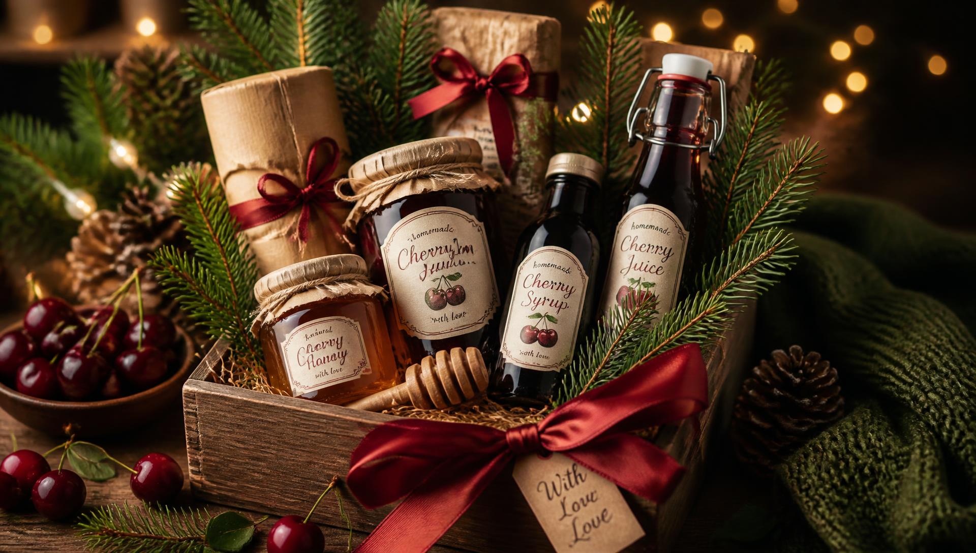 Kerstpakket met kersenjam, kersenhoning en kersenborrel tussen kerstgroen